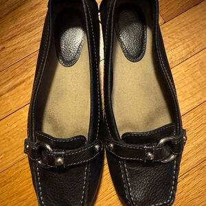Banana Republic Black Leather Women's Loafers with Silver Buckle Detail